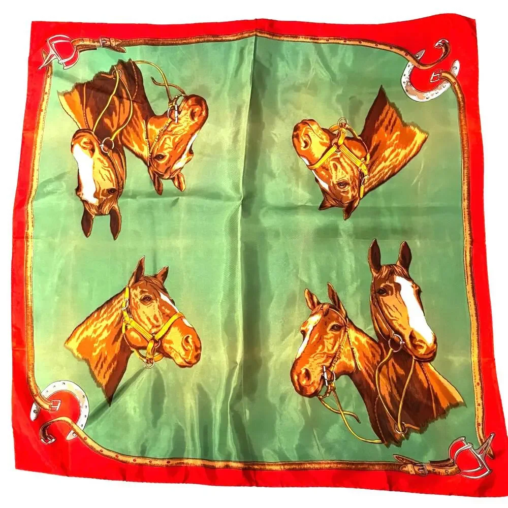 Vintage silky acetate scarf horses equestrian large square faded red green brown